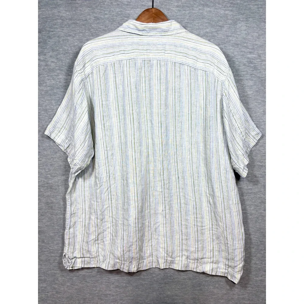 Banana Republic Mens XL Linen Short Sleeve Button Down Striped Shirt Blue Green